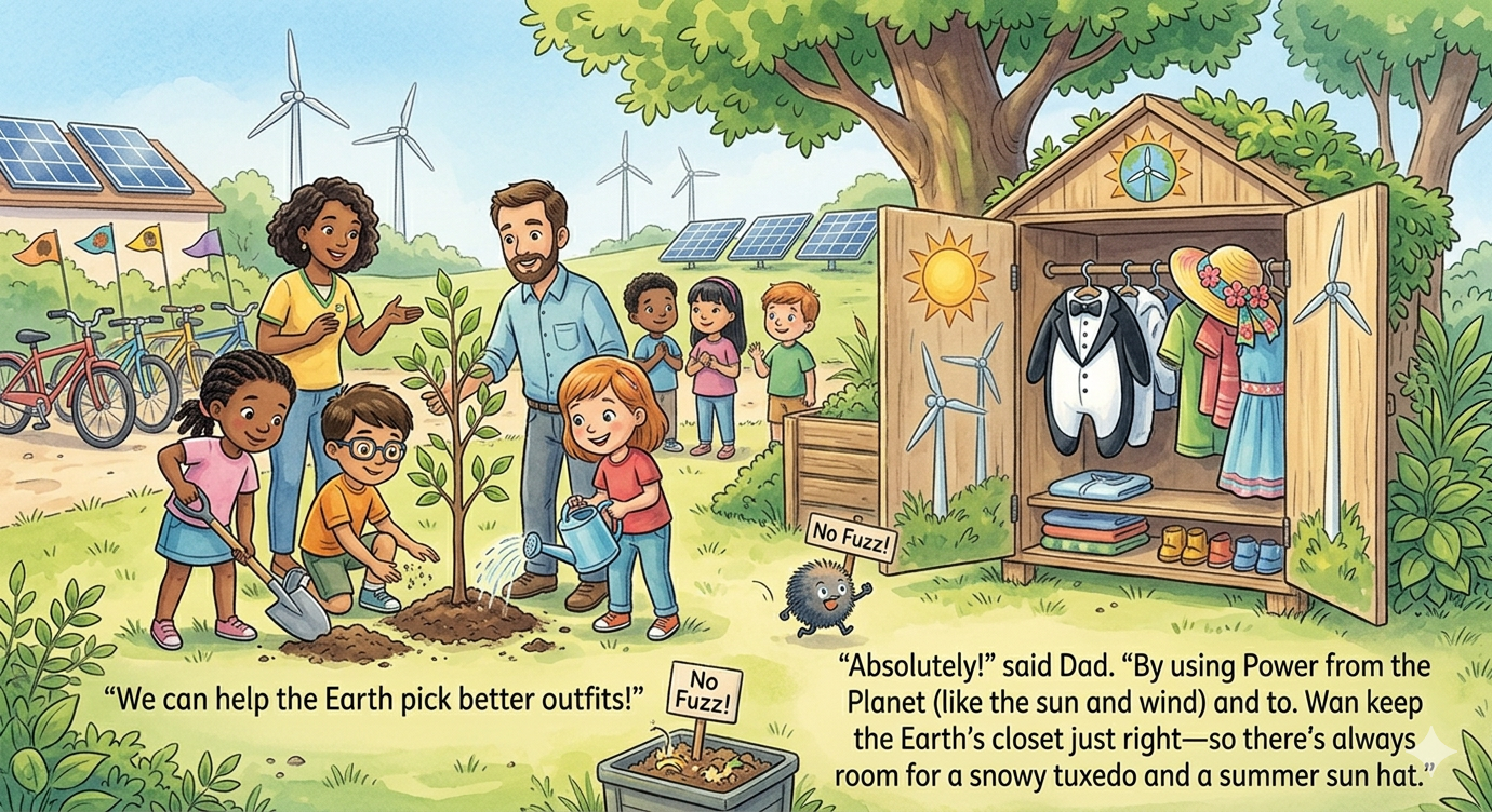 Children taking climate action by planting trees and riding bikes to help the planet.