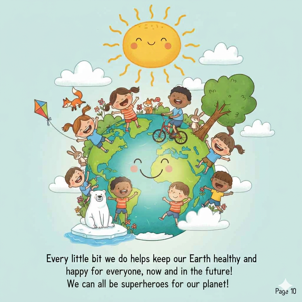 A vibrant, healthy Earth with happy children and animals looking toward a bright future.