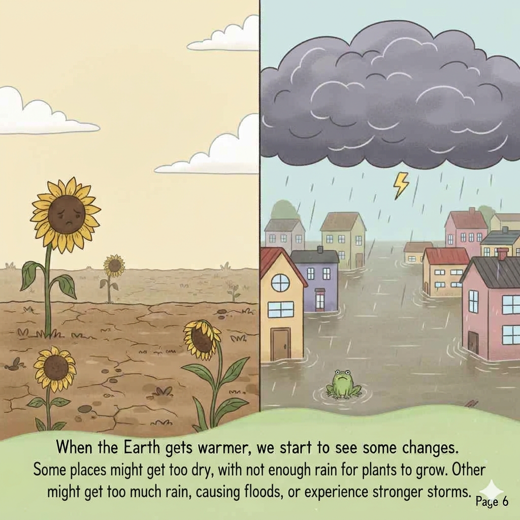 A dry field with a wilting flower next to a flooded street and a storm cloud.