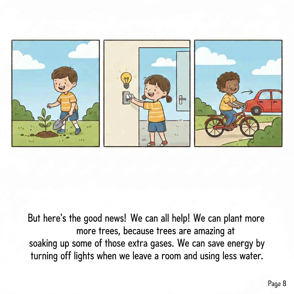 Children planting trees, turning off lights, and riding bikes to save energy.