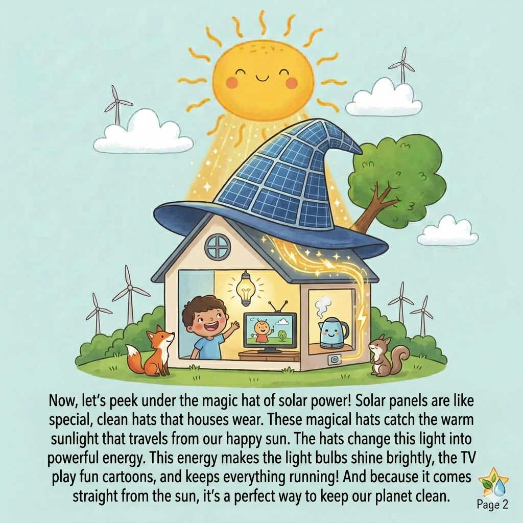 A smiling sun with solar sunglasses shining on blue roof panels.