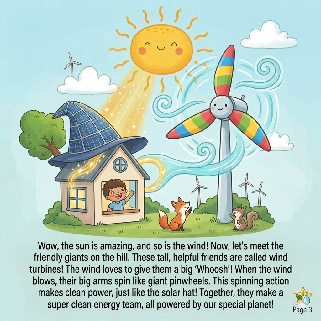 Friendly wind clouds blowing on giant white turbines that look like pinwheels.