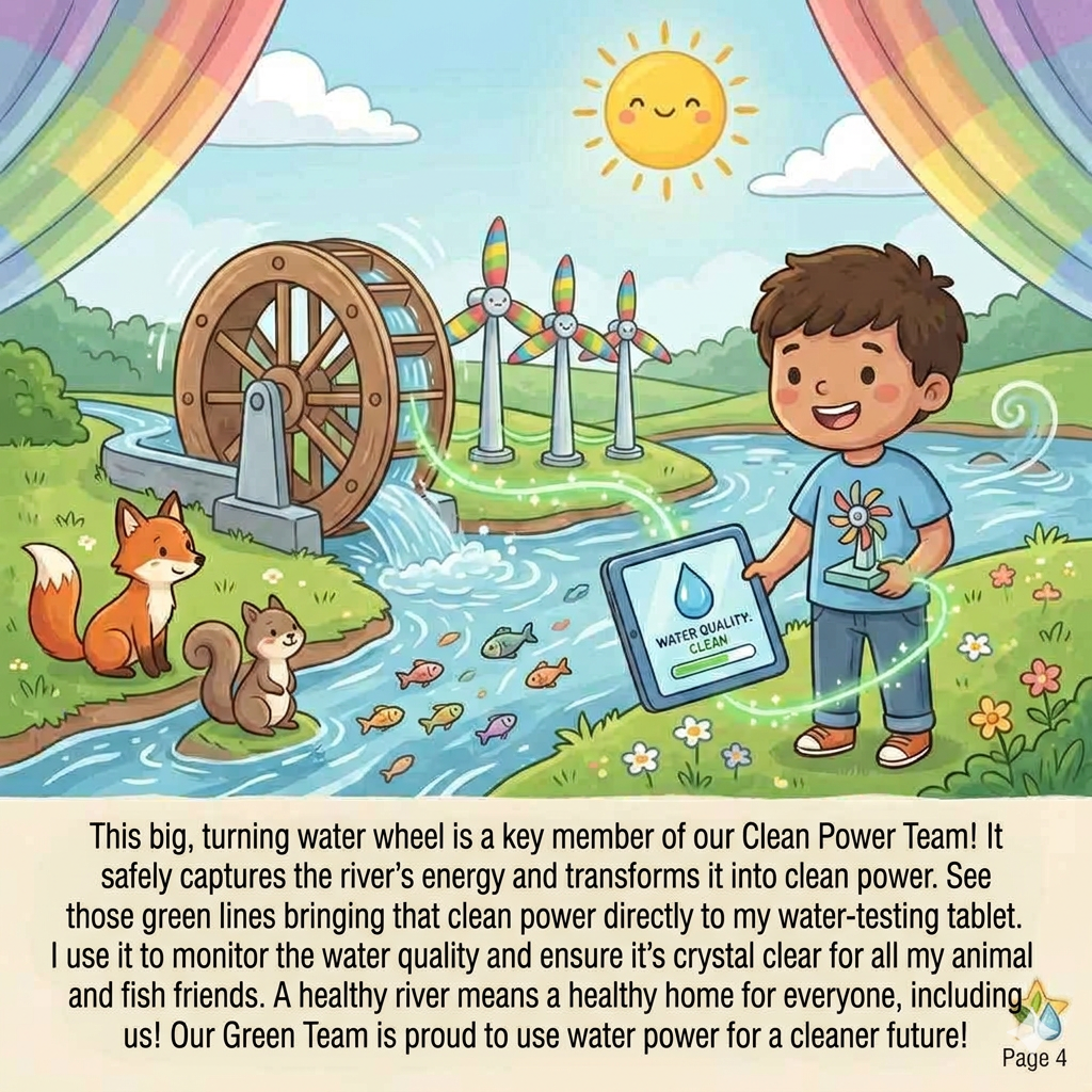 A rushing river turning a wooden water wheel to power a tablet.