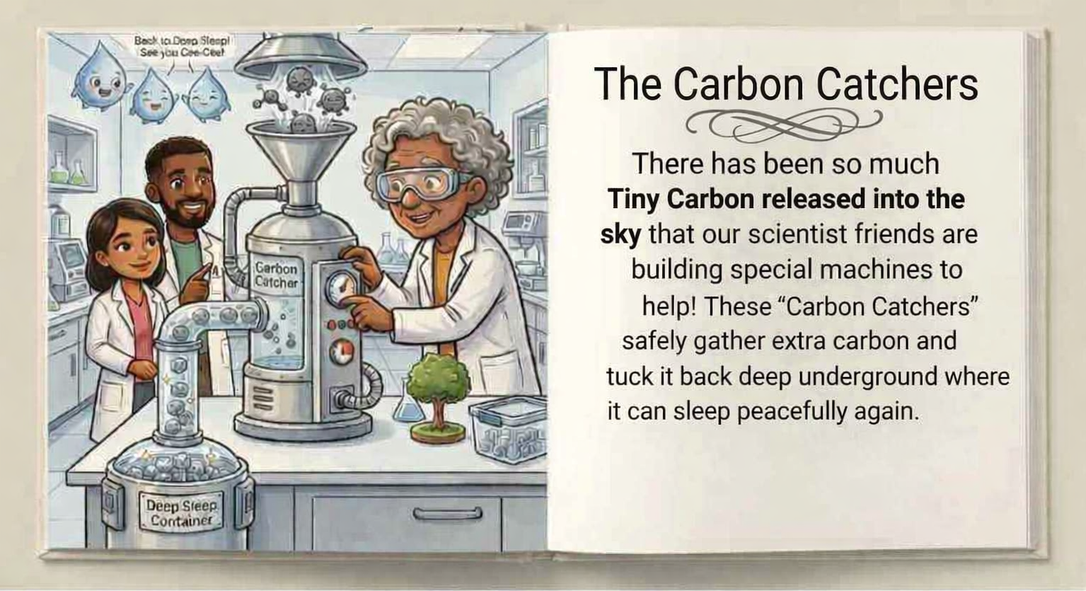 Friendly scientists using a machine to gather carbon atoms.