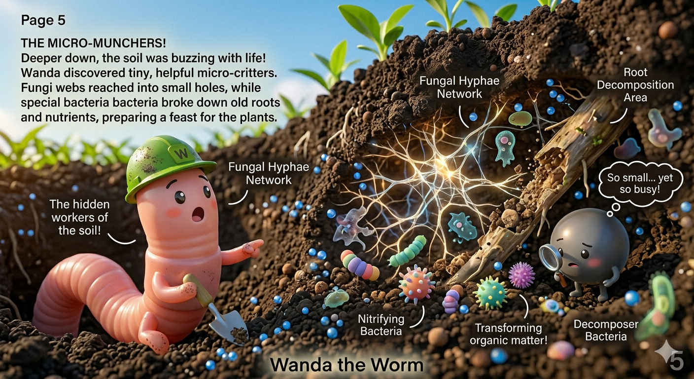 Tiny microbes working together underground in a lively soil community.