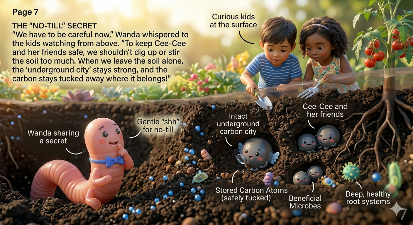 Wanda the Worm explaining how to protect the underground soil city.